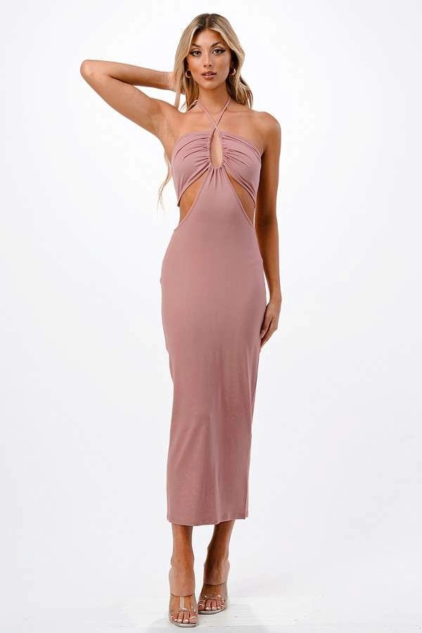 Cutout Ruching Halter Maxi Dress