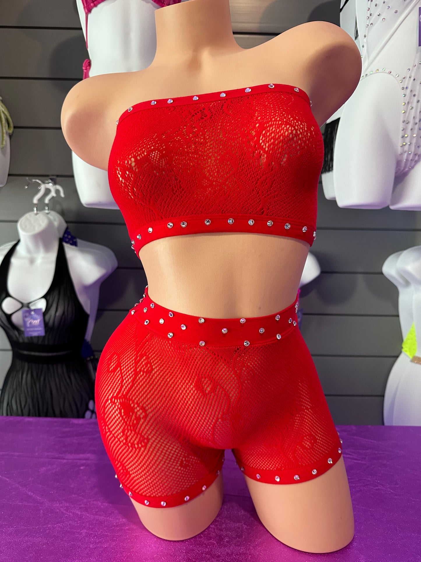 Red Fishnet Tube Top and Biker Short Set